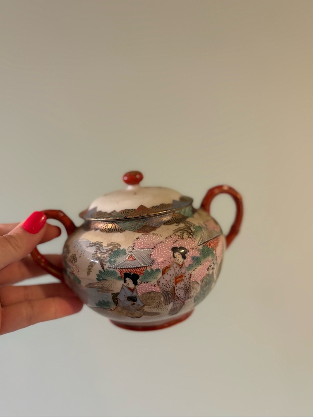 Vintage Japanese hand-painted porcelain sugar bowl